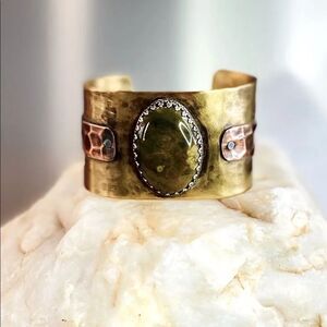 Mixed Metal Hand Hammered Natural Stone Cuff Bracelet NWT Western Boho